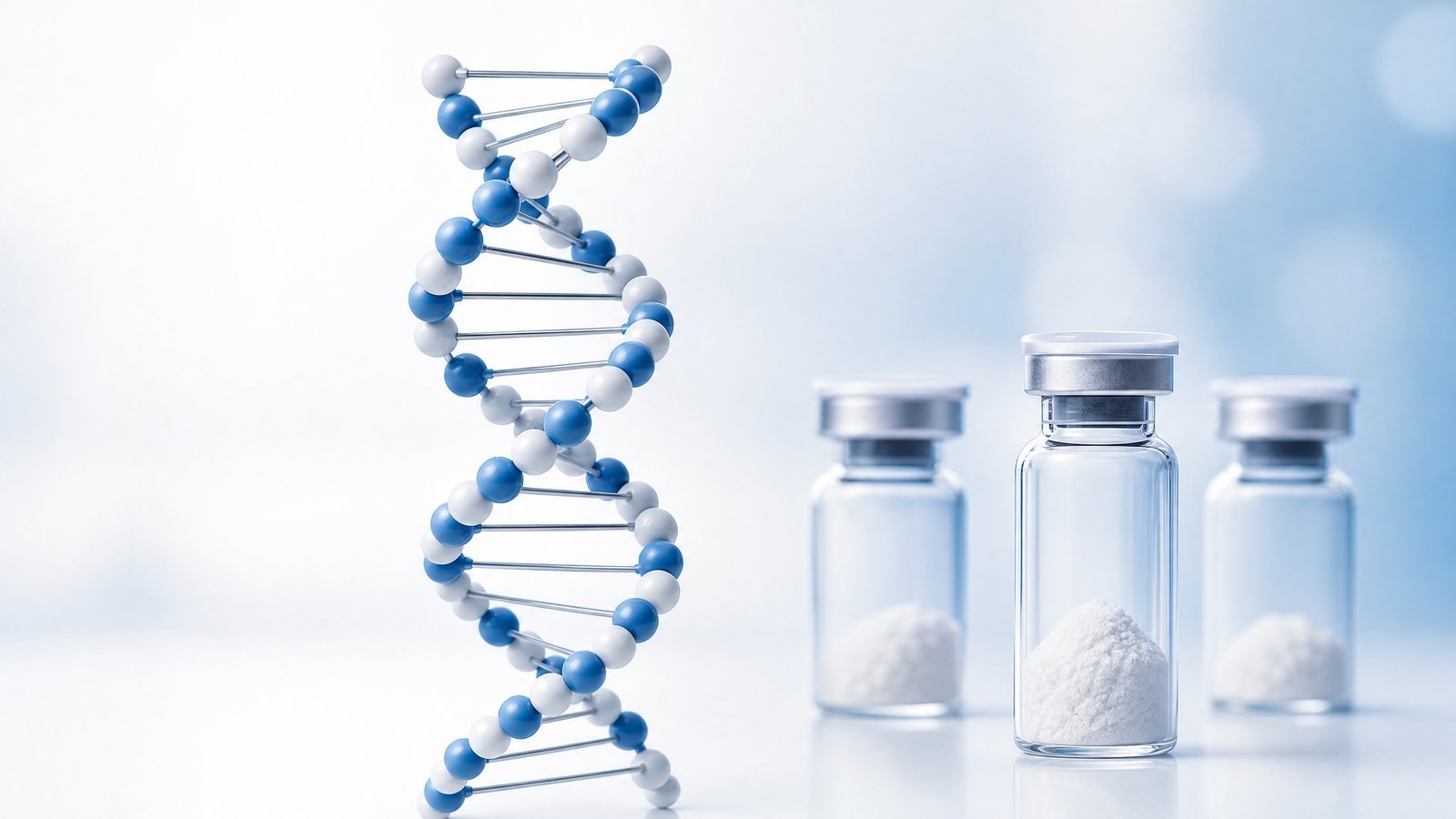 Lahvičky s výzkumnými peptidy a šroubovice DNA v laboratorním prostředí