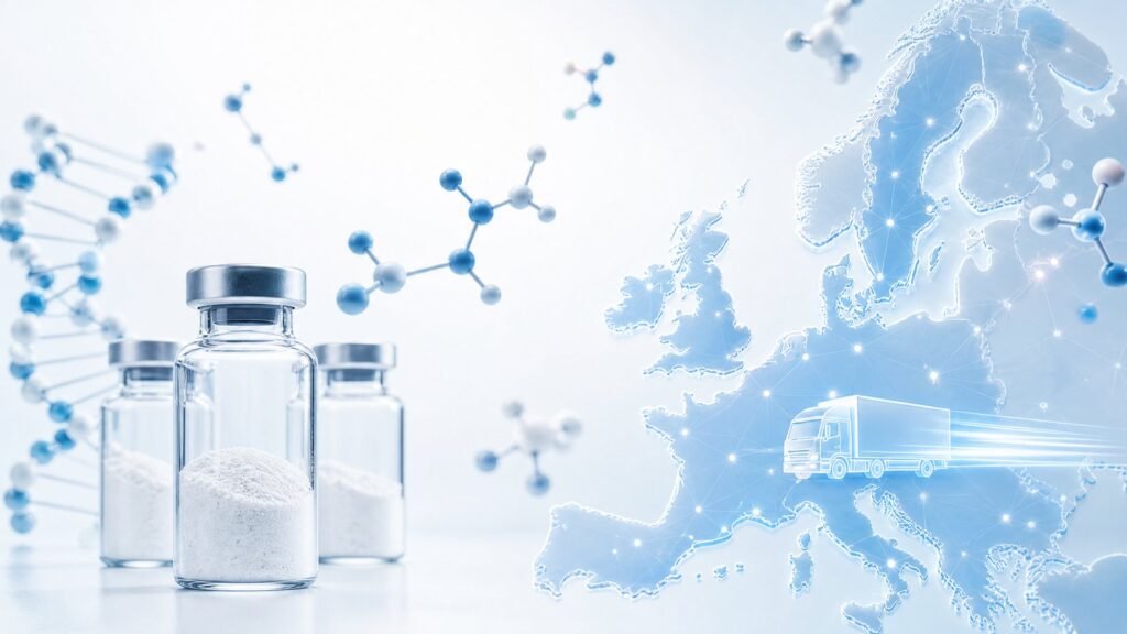 Nákup výzkumných peptidů v Evropě s mapou a laboratorními lahvičkami